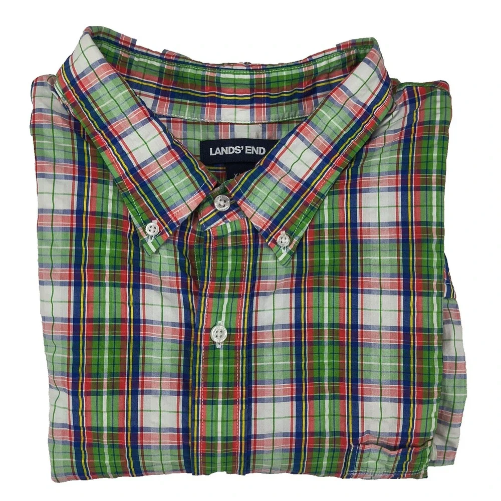 Lands End Men XXL Traditional Fit Short Sleeve Button Down Plaid Shirt Green Red